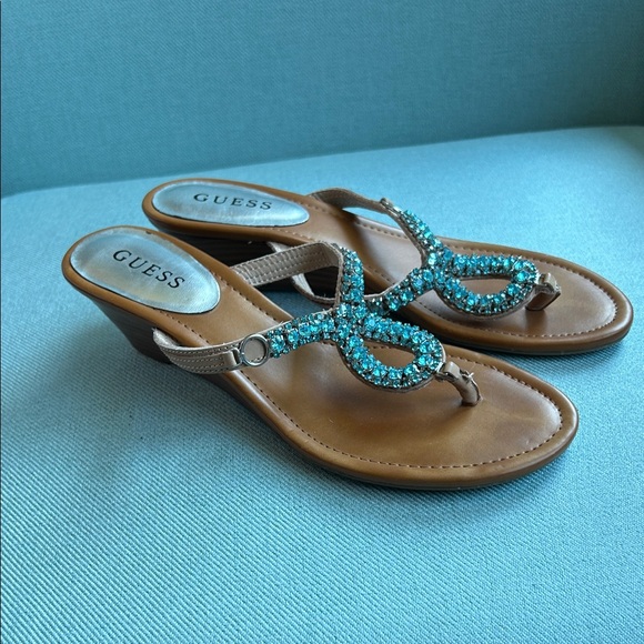 Guess Tan Sandals with Turquoise Embellishments - Picture 1 of 7